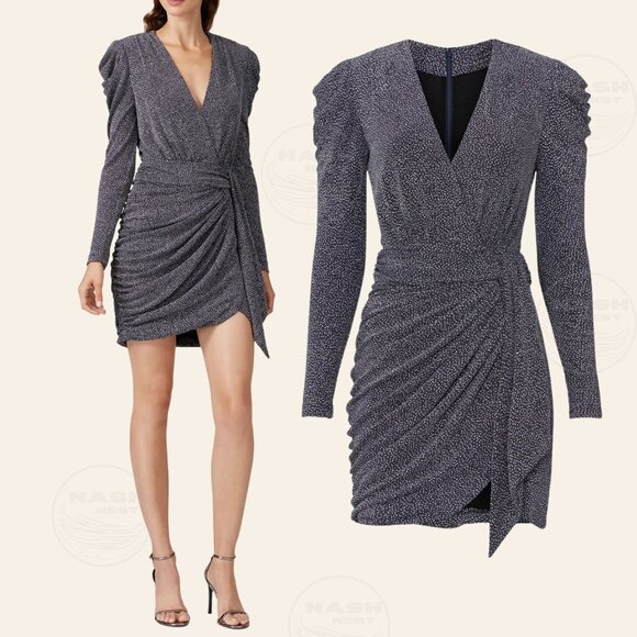 Jonathan Simkhai Glitter Mesh Jersey V Neck Mini Dress | 4 Gunmetal MSRP $800 - Picture 1 of 13